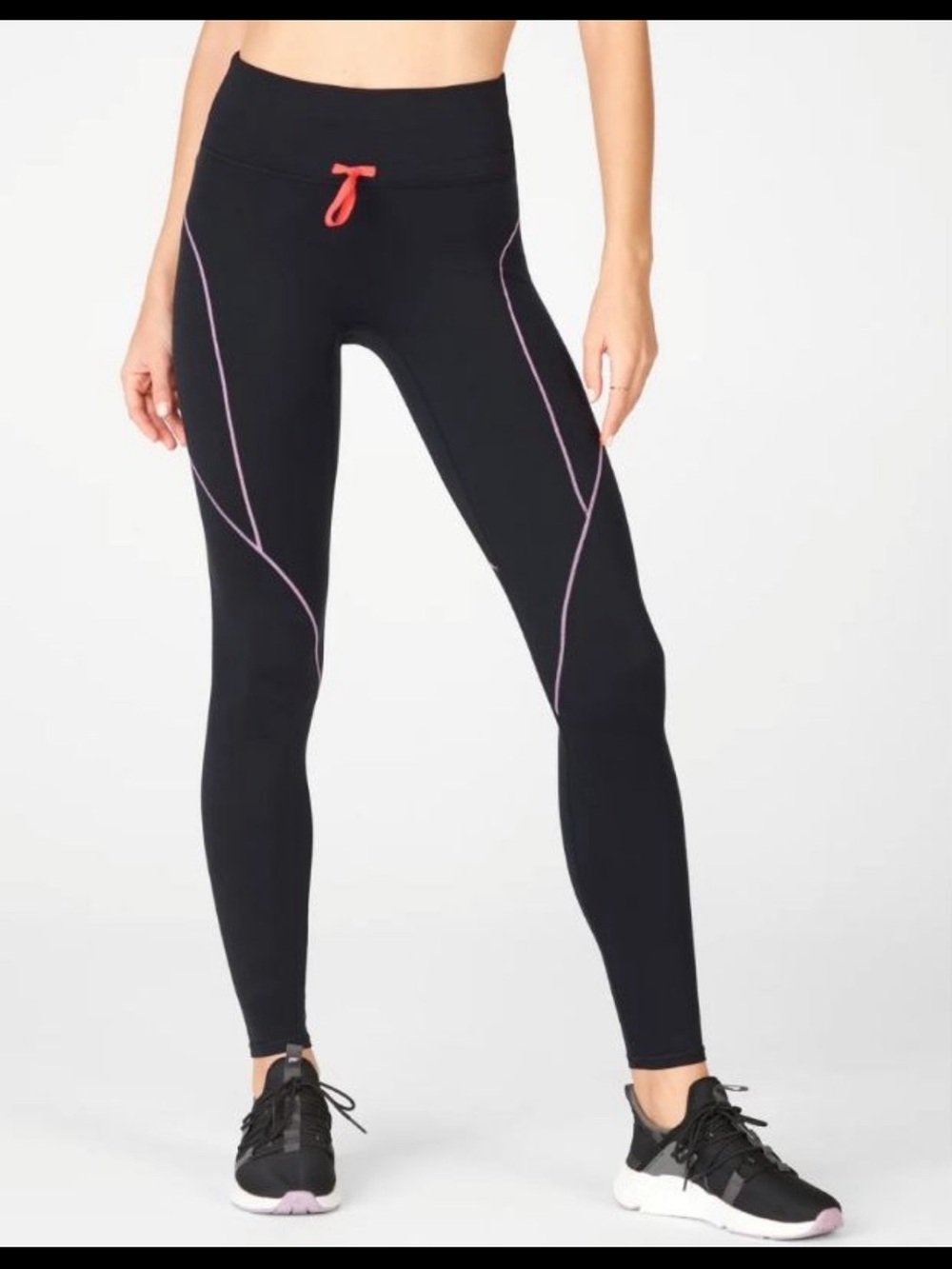 Fabletics Black High-Waist Leggings with Pink Piping and Red Drawcord